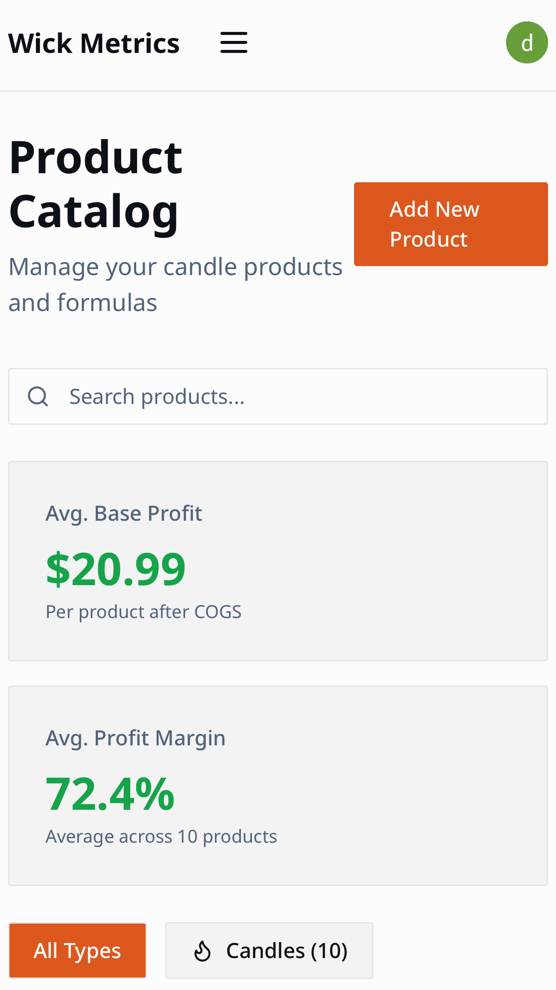Products catalog on mobile